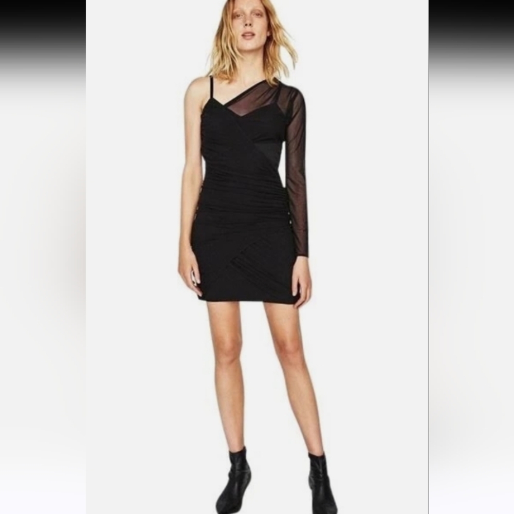 Zara Woman Asymmetrical Mesh Sleeve One Shoulder Dress in Black Size X Small